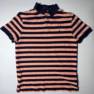 Polo Ralph Lauren Mens M Custom Slim Fit Orange Navy Stripe Short Sleeve Polo